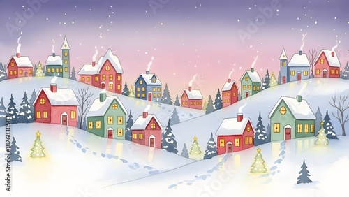 Soft watercolor christmas village, glowing windows, realistic, highly detailed photography