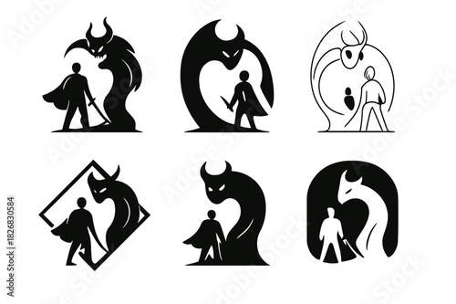 Heroic Emblem Variations. Hero Facing Danger Bravely. Icon set. Set Logo of Hero Facing Danger Bravely: hero standing before shadow creature. harmonious logo