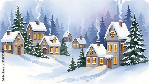 Soft watercolor christmas village, glowing windows, realistic, highly detailed photography