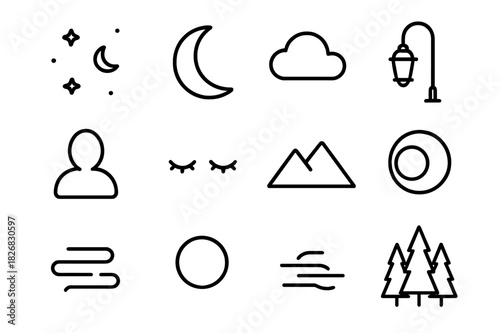 Nocturnal Line Icons. Nocturnal scene. Line icon set of Nocturnal scene: night sky, stars, moon, crescent moon, clouds, street lamp off, shadow figure, closed
