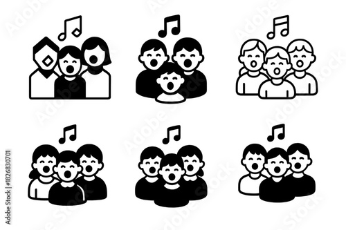 Youth Singing Logos. teaching singing to children and youth. Icon set. Set Logo of teaching singing to children and youth: group of kids singing together.