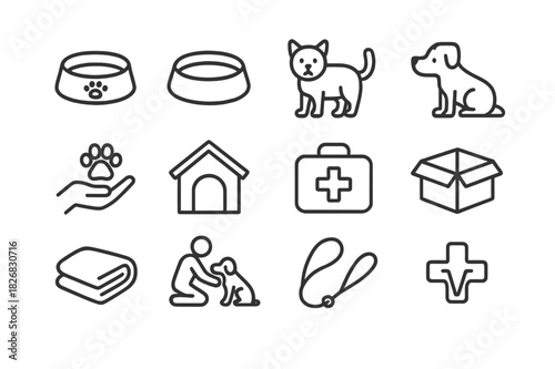 Stray Animal Aid Icons. Helping stray animals. Line icon set of helping stray animals: food bowl, water dish, street cat, street dog, hand with paw, shelter