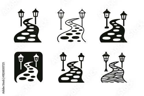 Garden Path Logos. Garden path. Icon set. Set Logo of garden path: gravel walkway with lanterns. harmonious logo variations of the same emblematic concept,