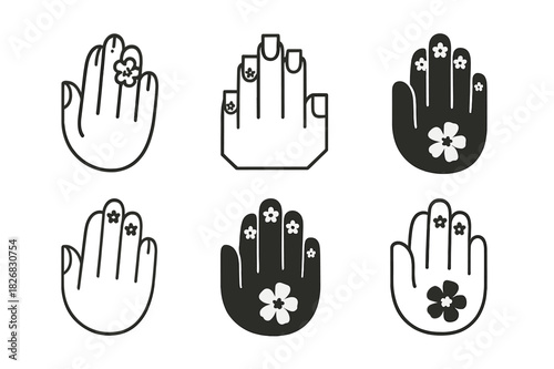 Pressed Flowers Manicure. pressed flowers manicure. Icon set. Set Logo of pressed flowers manicure: blooming beauty motif. harmonious logo variations of the