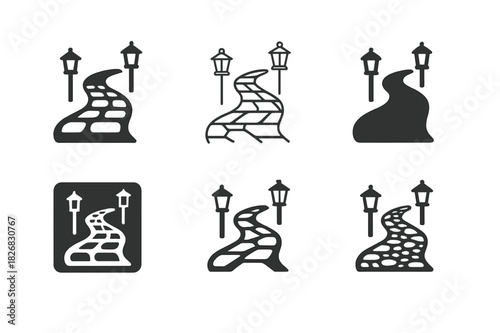 Garden Path Logos. Garden path. Icon set. Set Logo of garden path: gravel walkway with lanterns. harmonious logo variations of the same emblematic concept,
