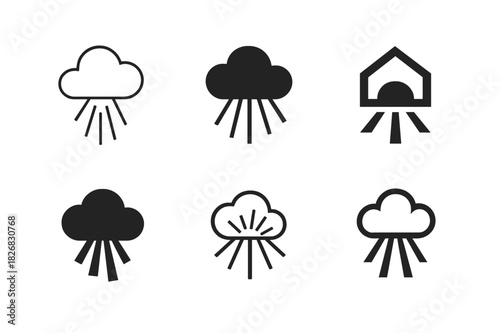 Light Ray Logos. Light Through Clouds. Icon set. Set Logo of Light Through Clouds: sun rays piercing clouds. harmonious logo variations of the same emblematic