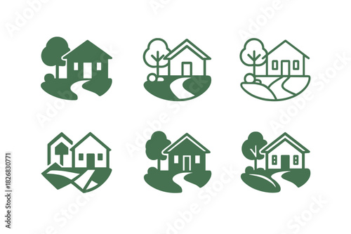Harmonious Home Logos. Home exterior design and curb appeal. Icon set. Set Logo of home exterior design and curb appeal: landscaped yard. harmonious logo