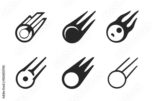 Meteor Shower Icons. Meteor shower. Icon set. Set Logo of meteor shower: Celestial body with trail. harmonious logo variations of the same emblematic concept,