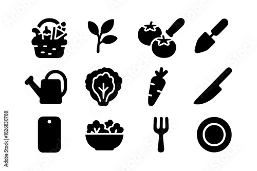Garden-to-Table Icon Set. Garden-to-table. Solid icon set of Garden-to-table: vegetable basket, herbs, ripe tomatoes, garden trowel, watering can, fresh