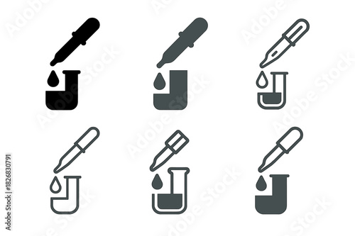 Science Experiment Icons. Science experiment setup. Icon set. Set Logo of science experiment setup: pipette and liquid drop. harmonious logo variations of the