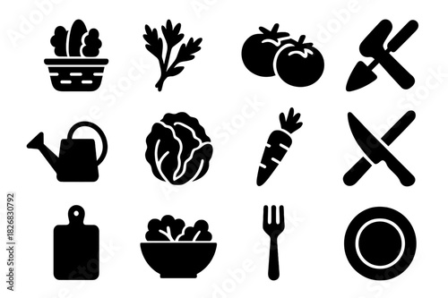 Garden-to-Table Icon Set. Garden-to-table. Solid icon set of Garden-to-table: vegetable basket, herbs, ripe tomatoes, garden trowel, watering can, fresh