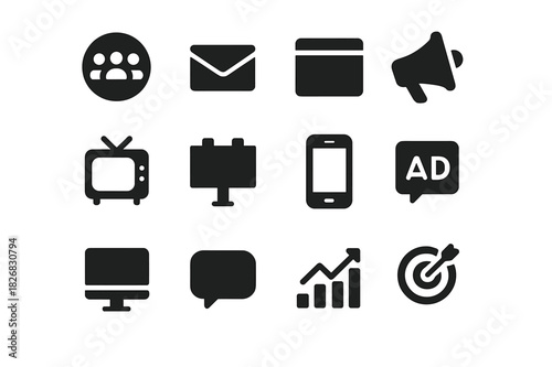 Advertising Icons Grid. Advertising channels. Solid icon set of Advertising channels: social media icon, email, website, megaphone, TV, billboard, mobile
