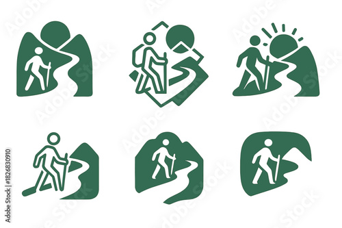 Nature Wellness Icons. Nature-based wellness tourism. Icon set. Set Logo of wellness tourism: hiking trail icon. harmonious logo variations of the same