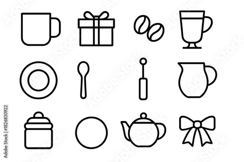 Coffee Gift Icons. Coffee gift set. Line icon set of Coffee gift set: coffee mug, gift box, coffee beans, latte glass, saucer, spoon, frother, milk jug, sugar
