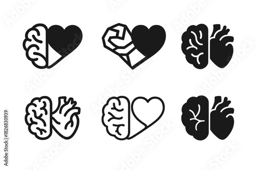 Wellness Logo Variations. Personalized wellness plans. Icon set. Set Logo of personalized wellness plans: Brain and heart connection. harmonious logo