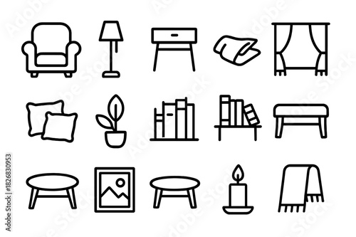 Cozy Corners Icons. Cozy Corners. Line icon set of Cozy Corners: armchair, floor lamp, side table, rug, cushions, potted plant, bookshelf, window
