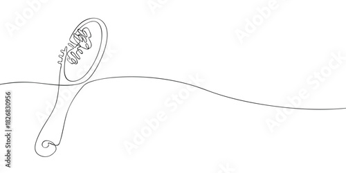 One line vector drawing of a hairbrush with a long handle on a white background and a curved line, suitable for haircare, styling, or beauty design themes.