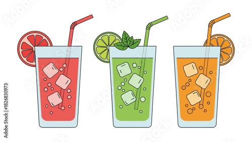 Refreshing beverages a trio of colorful, ice-filled glasses with garnishes and straws, perfect for summer