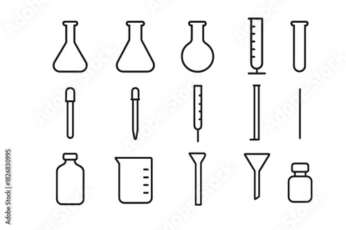 Glassware Icon Set. Glassware essentials. Line icon set of glassware essentials: volumetric flask, Erlenmeyer flask, round-bottom flask, beaker, test tube,