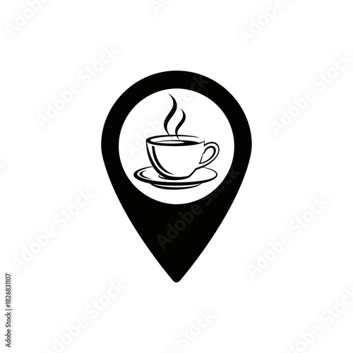 Coffee cup in map pin icon, cafe location symbol isolated on white background