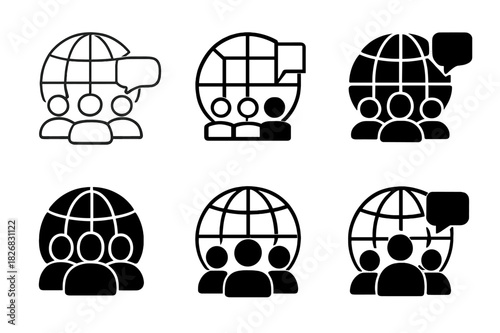 Global Meeting Icons. Virtual meetings with global team members. Icon set. Set Logo of virtual meeting: global network and chat icon. harmonious logo