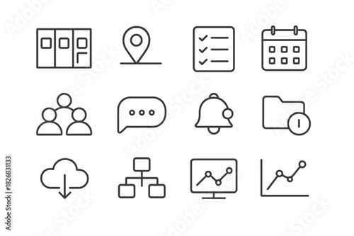 Project Management Icon Set. Project Management Tools. Line icon set of Project Management Tools: task board, milestone, checklist, calendar, team avatars,