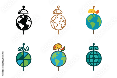 Global Street Food Icons. International street food and snacks. Icon set. Set Logo of International street food and snacks: globe-shaped skewer with diverse