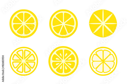 Lemon Logo Variations. Sliced Lemon. Icon set. Set Logo of sliced lemon: stylized pulp view. harmonious logo variations of the same emblematic concept, each