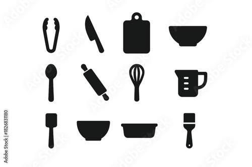 Kitchen Icon Set. Kitchen preparation. Solid icon set of Kitchen preparation: tongs, knife, cutting board, bowl, spoon, rolling pin, whisk, measuring cup,