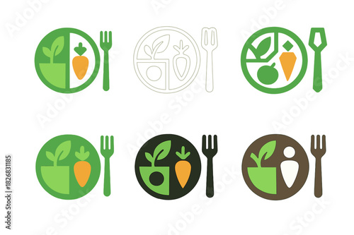 Nutritional Icon Set. Healthy food and nutrition. Icon set. Set Logo of healthy food and nutrition: balanced plate. harmonious logo variations of the same