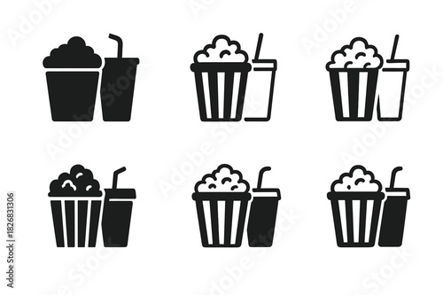Popcorn Logo Variations. Popcorn Bucket. Icon set. Set Logo of Popcorn Bucket: movie snack combo with soda. harmonious logo variations of the same emblematic