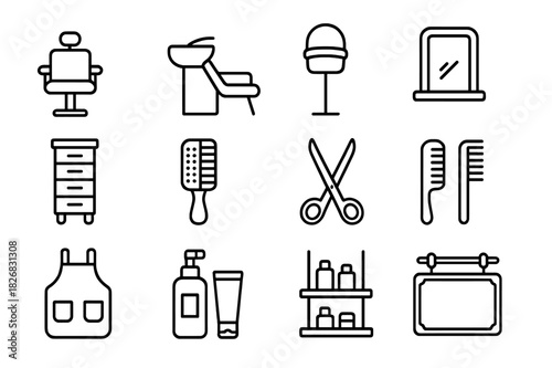 Hair Salon Icons. Hair salon. Line icon set of hair salon: salon chair, wash basin, hairdryer hood, mirror, trolley cart, hairbrush, scissors, comb, apron,