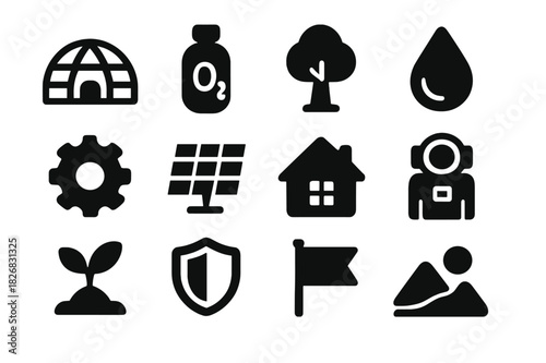 Habitat Creation Icons. Habitat creation. Solid icon set of habitat creation: dome building, oxygen tank, tree, water droplet, gear, solar panel, house,