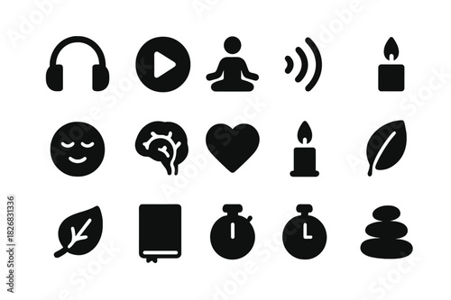 Guided Meditation Icons. Guided meditation. Solid icon set of Guided meditation: headphones, play button, meditation pose, sound waves, calm face, brain icon,