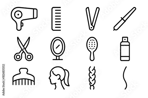 Hair Styling Icons. Hair styling. Line icon set of hair styling: blow dryer, comb, flat iron, curling wand, scissors, mirror, hairbrush, mousse bottle, clip,