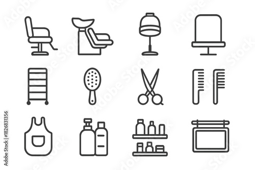 Hair Salon Icons. Hair salon. Line icon set of hair salon: salon chair, wash basin, hairdryer hood, mirror, trolley cart, hairbrush, scissors, comb, apron,