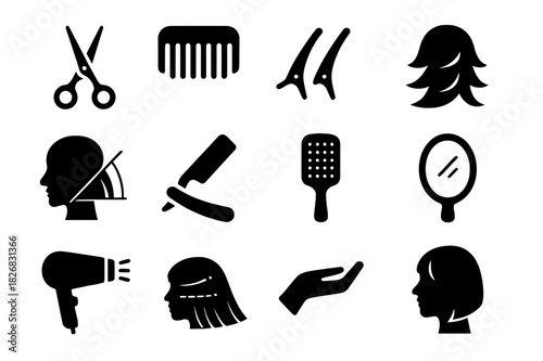 Haircutting Tools Icons. Haircutting diagram. Solid icon set of Haircutting diagram: hair scissors, comb, sectioning clips, hair layers, haircut angles, razor,