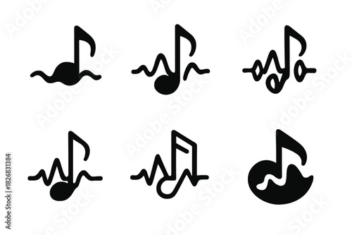 Singing Technique Icons. Singing and voice modulation techniques. Icon set. Set Logo of Singing and voice modulation techniques: musical note with wave