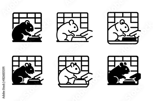 Hamster Care Icons. Feeding a hamster in its cage. Icon set. Set Logo of hamster care: hamster nibbling from bowl. harmonious logo variations of the same