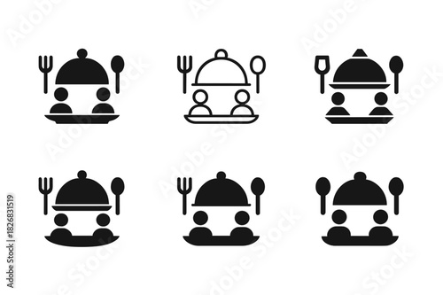 Harmonious Dinner Icons. Family dinner. Icon set. Set Logo of serving dishes. harmonious logo variations of the same emblematic concept (Filled silhouette,