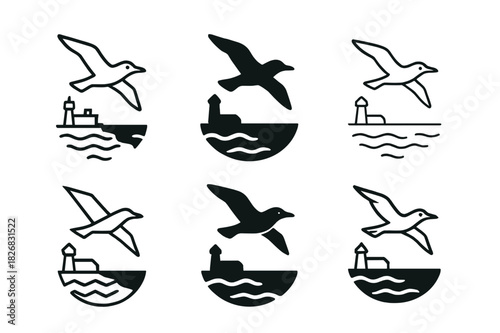 Harbor Icon Variations. Harbor view. Icon set. Set Logo of Harbor view: Seagull over harbor. harmonious logo variations of the same emblematic concept (Iconic