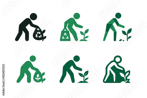 Eco-Friendly Logo Icons. Nature-friendly habits. Icon set. Set Logo of nature habits: person picking up trash. harmonious logo variations of the same
