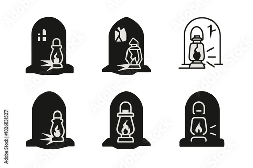 Horror Logo Variations. A scene from a horror movie with eerie, dim lighting. Icon set. Set Logo of a horror movie scene with eerie, dim lighting: broken