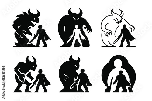 Heroic Emblem Variations. Hero Facing Danger Bravely. Icon set. Set Logo of Hero Facing Danger Bravely: hero standing before shadow creature. harmonious logo
