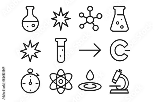 Chemical Reaction Icons. Catalyst. Line icon set of Catalyst: chemical reaction flask, spark icon, molecular structure, laboratory beaker, energy burst, test