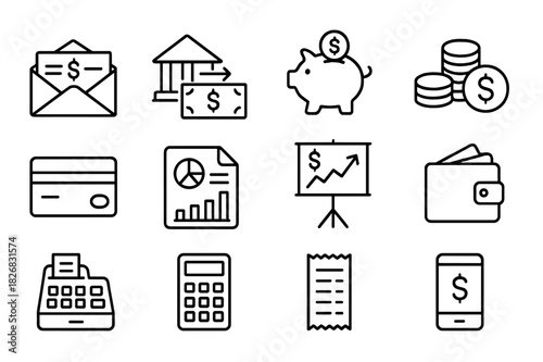 Finance Icon Set. Salary & Finance. Line icon set of Salary & Finance: paycheck envelope, bank transfer, savings account, coins, credit card, financial report,