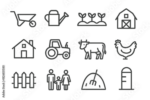 Family Farm Chores Icons. Family farm chores. Line icon set of Family farm chores: wheelbarrow, watering can, vegetable garden, barn, farmhouse, tractor, cow,