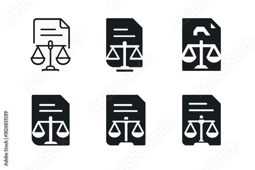 Corporate Tax Logos. Corporate tax policies. Icon set. Set Logo of corporate tax policies: balance scale and document. harmonious logo variations of the same