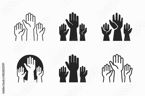 Youth Activism Logos. Youth activism and leadership. Icon set. Set Logo of Youth activism and leadership: raised hands symbolizing unity and action. harmonious