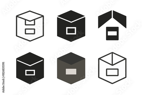 Storage Box Logos. Labeling storage boxes. Icon set. Set Logo of labeling storage boxes: labeled cardboard box. harmonious logo variations of the